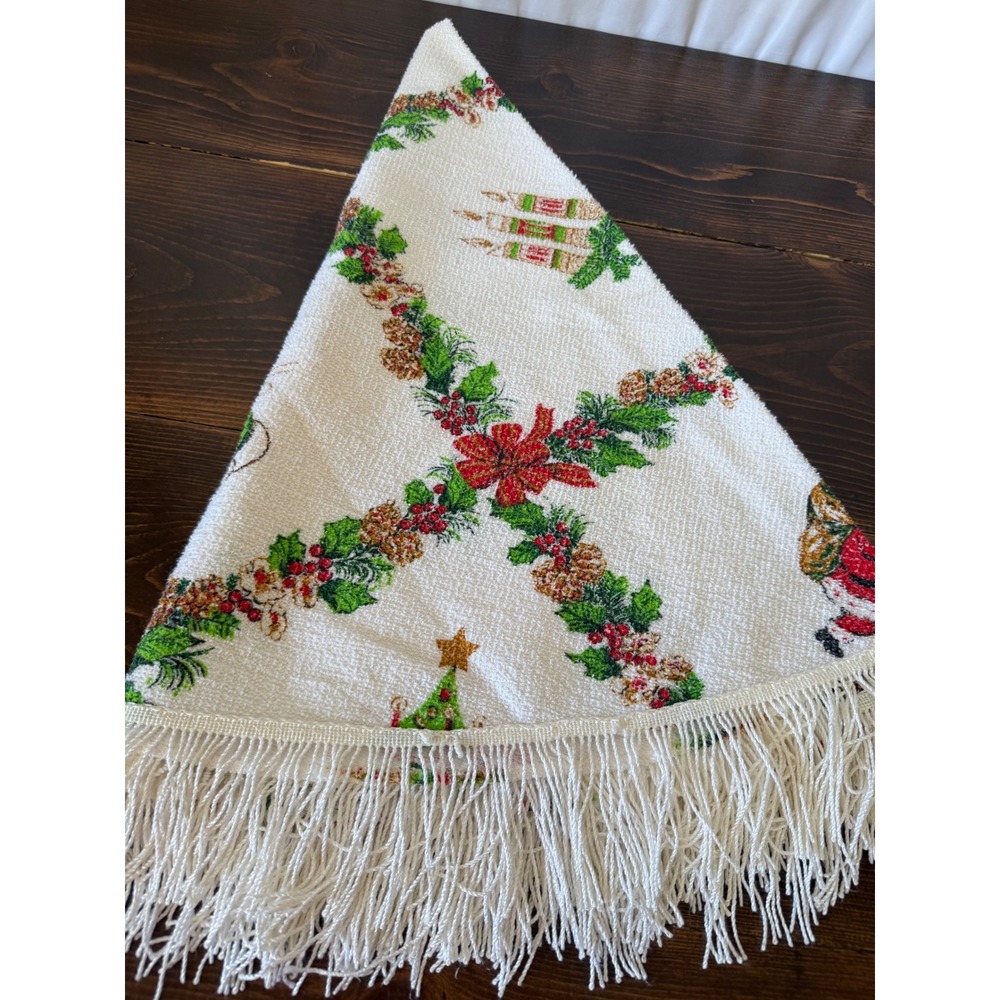 Vintage Christmas Tree Skirt 46 Inch Round Santa Sleigh Fringe Trim Woven White - Picture 4 of 9